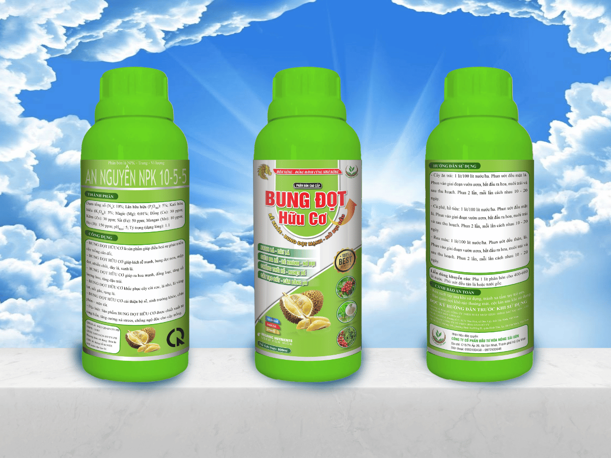Bung đọt hữu cơ, An Nguyễn NPK 10-5-5, Phân bón kích rễ bung đọt, Cách làm sầu riêng bung đọt nhanh, Phân bón phục hồi vườn cây, Thuốc xanh lá dày lá, Kích rễ mạnh đẻ nhánh khỏe, Phân bón hữu cơ đạm cá amino, Cách trị nghẹt rễ thối rễ, Phân bón lá NPK 10-5-5, Thuốc nở bụi lúa, Phân bón cải tạo đất cân bằng pH, Kỹ thuật chăm sóc sầu riêng giai đoạn kiến thiết, Phân bón Hóa Nông Sài Gòn, Giá phân bón bung đọt hữu cơ.